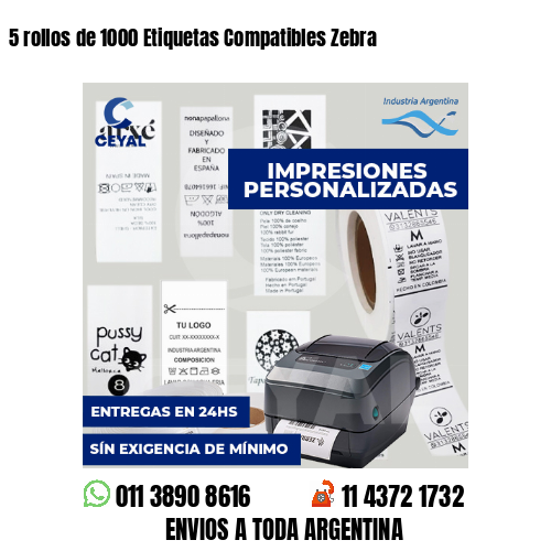 5 rollos de 1000 Etiquetas Compatibles Zebra 