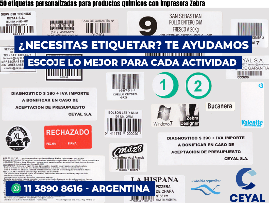 50 etiquetas personalizadas para productos químicos con impresora Zebra