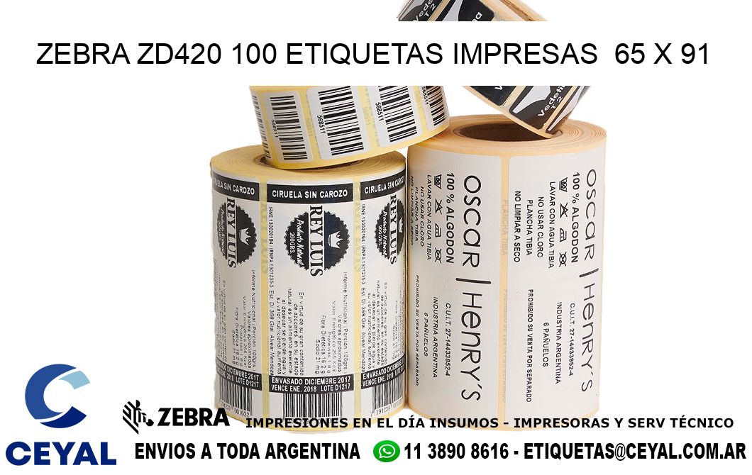 ZEBRA ZD420 100 ETIQUETAS IMPRESAS  65 x 91