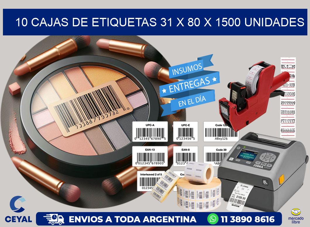 10 CAJAS DE ETIQUETAS 31 x 80 X 1500 UNIDADES