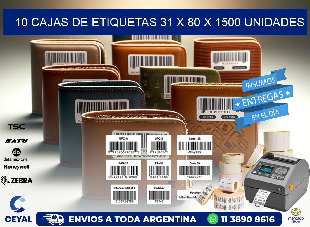 10 CAJAS DE ETIQUETAS 31 x 80 X 1500 UNIDADES