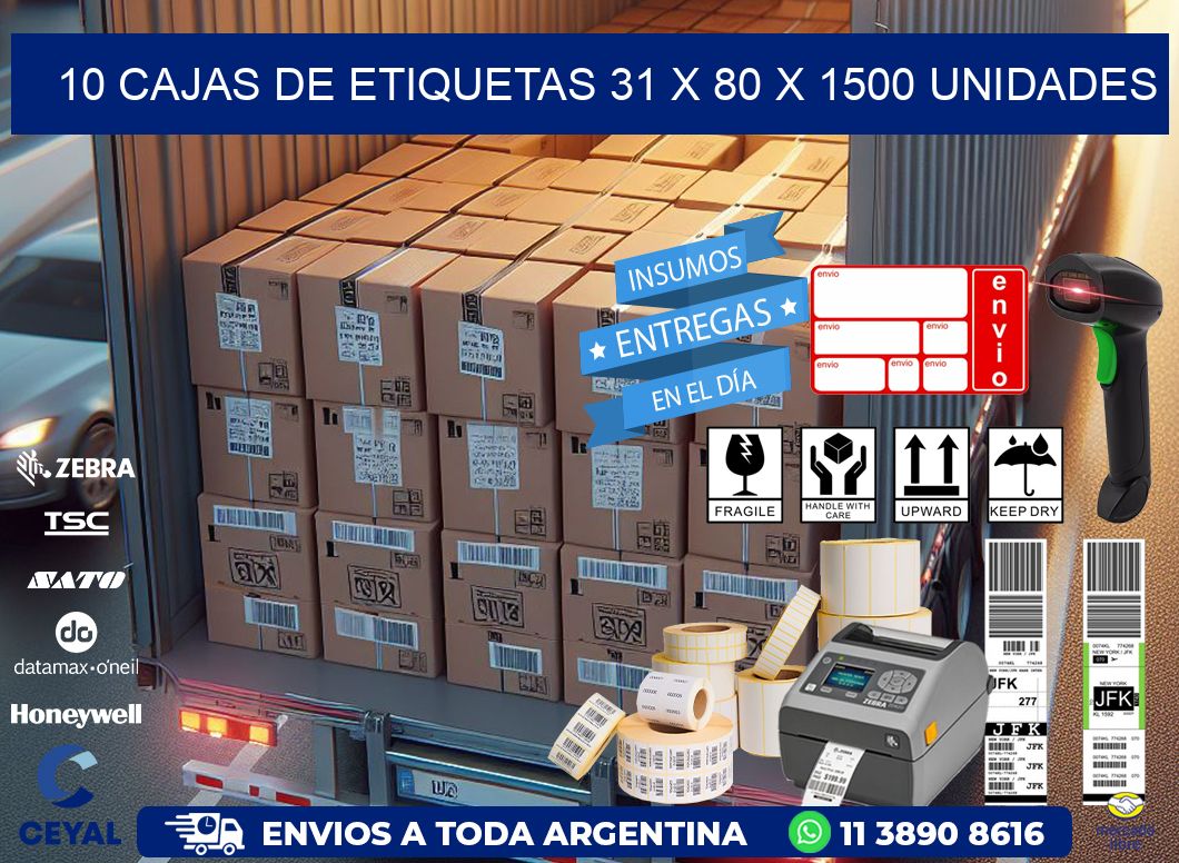 10 CAJAS DE ETIQUETAS 31 x 80 X 1500 UNIDADES