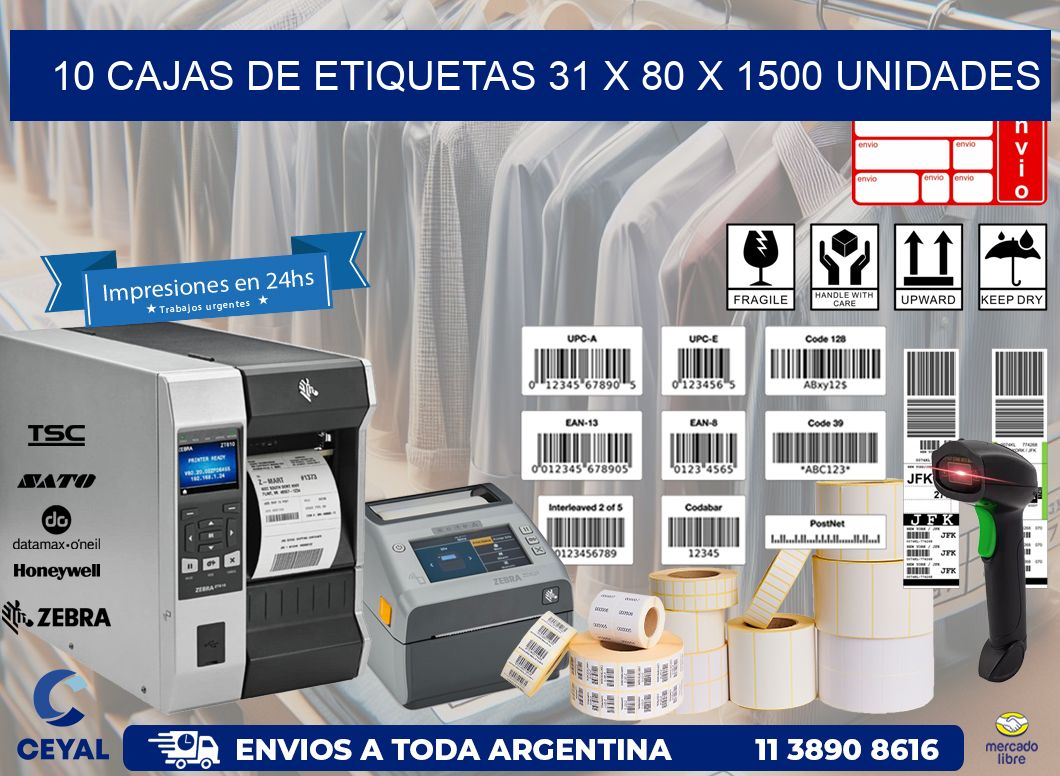 10 CAJAS DE ETIQUETAS 31 x 80 X 1500 UNIDADES