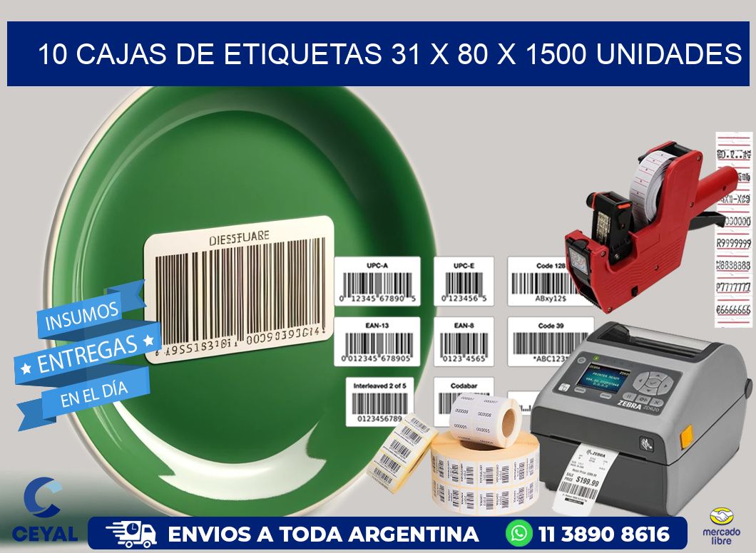 10 CAJAS DE ETIQUETAS 31 x 80 X 1500 UNIDADES