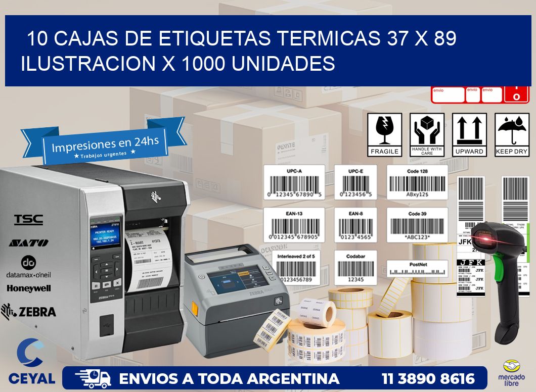 10 CAJAS DE ETIQUETAS TERMICAS 37 x 89 ILUSTRACION X 1000 UNIDADES