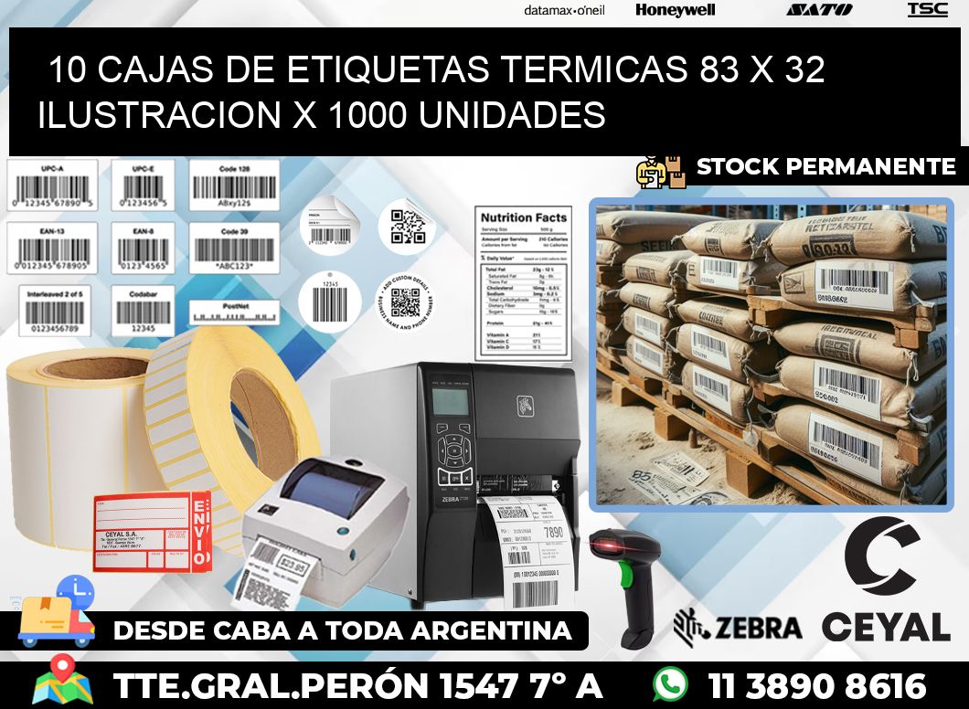 10 CAJAS DE ETIQUETAS TERMICAS 83 x 32 ILUSTRACION X 1000 UNIDADES