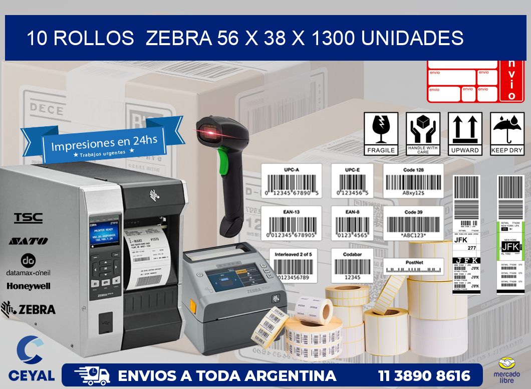 10 ROLLOS  ZEBRA 56 x 38 X 1300 UNIDADES