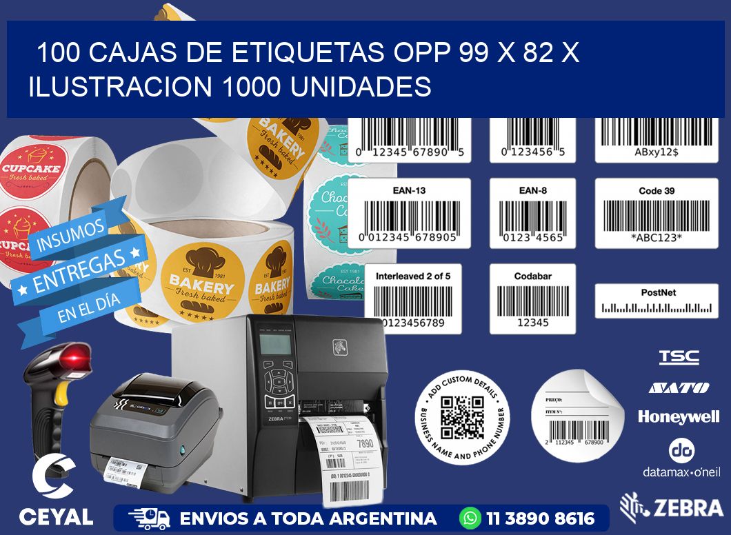 100 CAJAS DE ETIQUETAS OPP 99 x 82 X ILUSTRACION 1000 UNIDADES