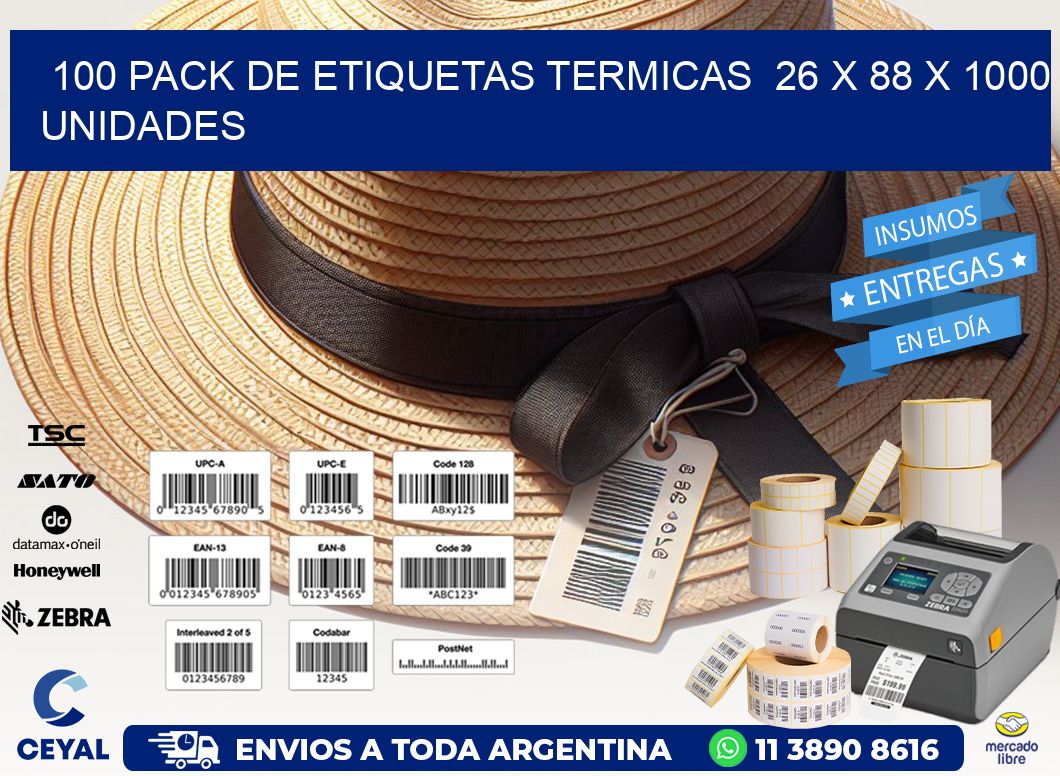 100 PACK DE ETIQUETAS TERMICAS  26 x 88 X 1000 UNIDADES