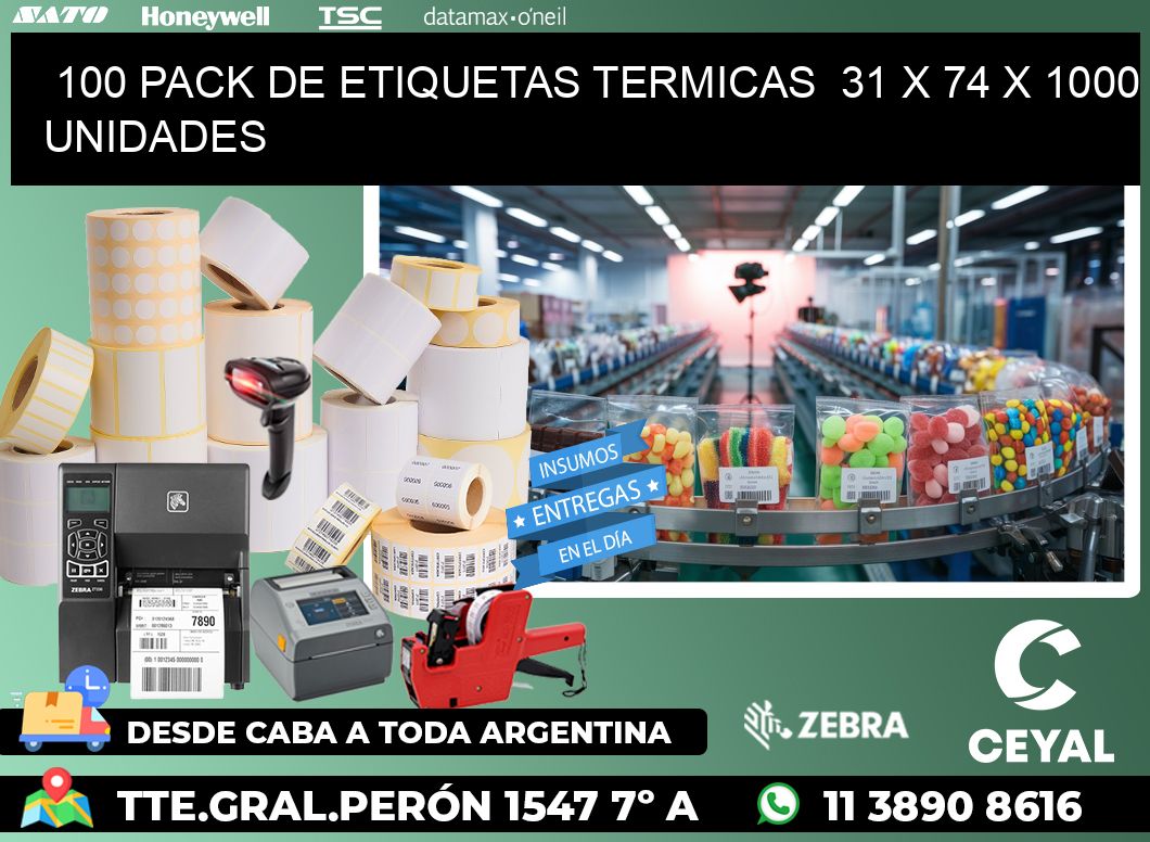 100 PACK DE ETIQUETAS TERMICAS  31 x 74 X 1000 UNIDADES