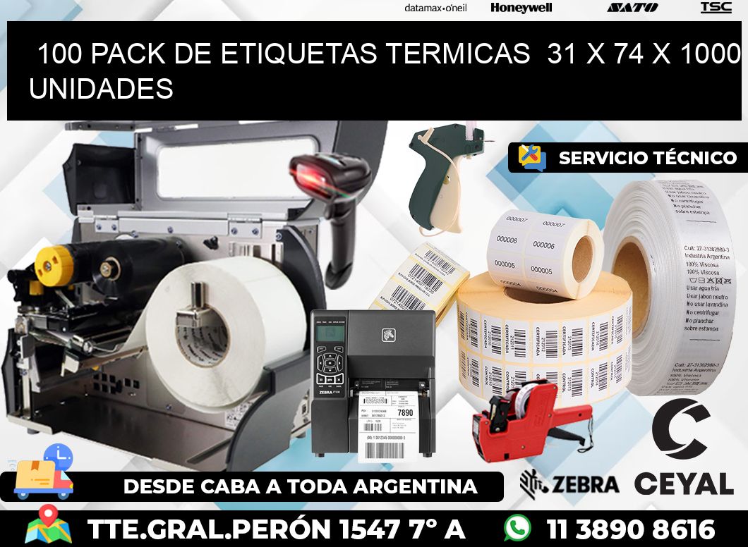 100 PACK DE ETIQUETAS TERMICAS  31 x 74 X 1000 UNIDADES