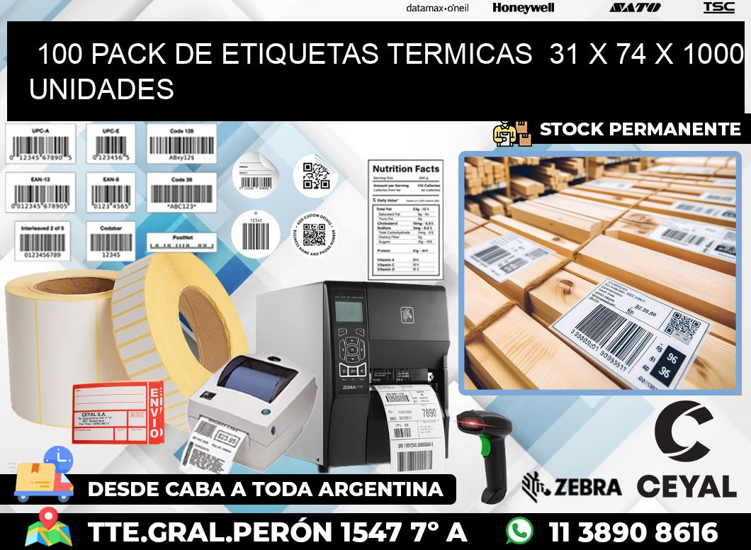 100 PACK DE ETIQUETAS TERMICAS  31 x 74 X 1000 UNIDADES