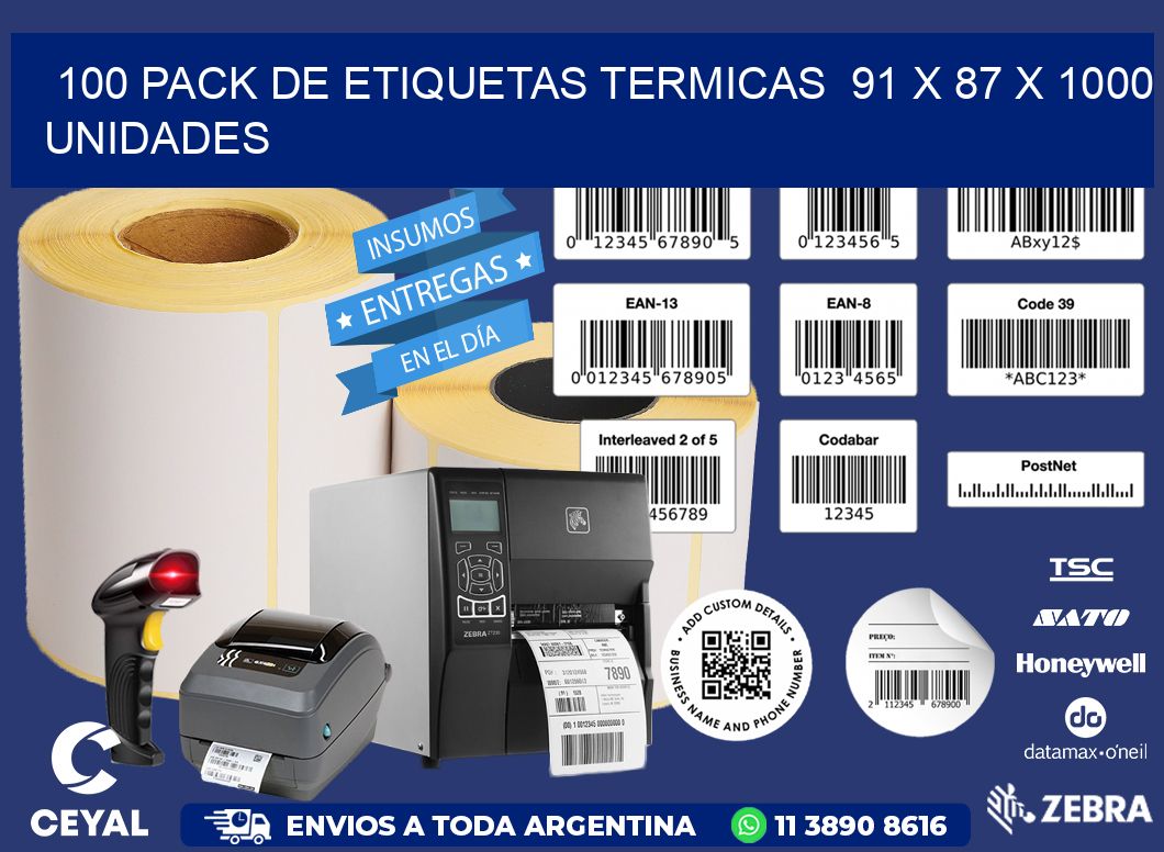 100 PACK DE ETIQUETAS TERMICAS  91 x 87 X 1000 UNIDADES