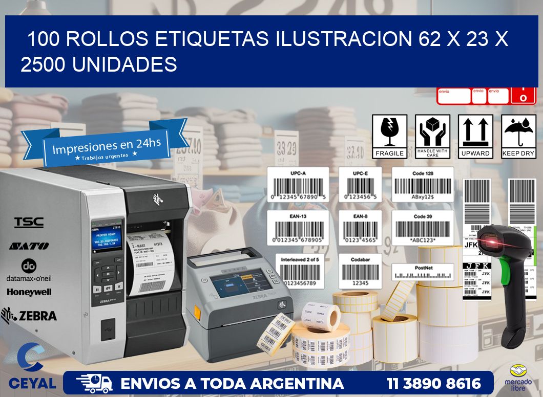 100 ROLLOS ETIQUETAS ILUSTRACION 62 x 23 X 2500 UNIDADES