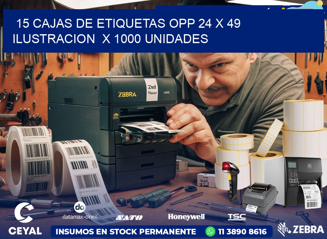 15 CAJAS DE ETIQUETAS OPP 24 x 49 ILUSTRACION  X 1000 UNIDADES