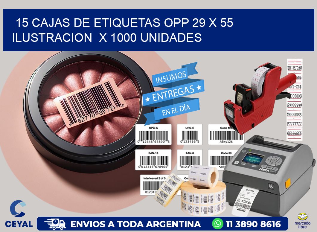 15 CAJAS DE ETIQUETAS OPP 29 x 55 ILUSTRACION  X 1000 UNIDADES