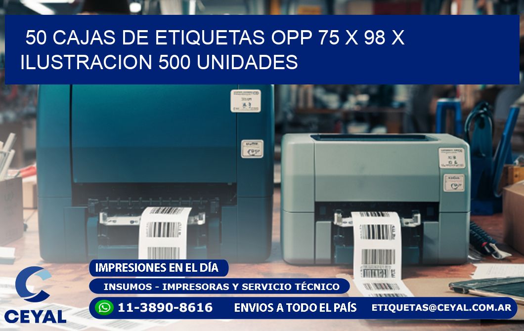 50 CAJAS DE ETIQUETAS OPP 75 x 98 X ILUSTRACION 500 UNIDADES