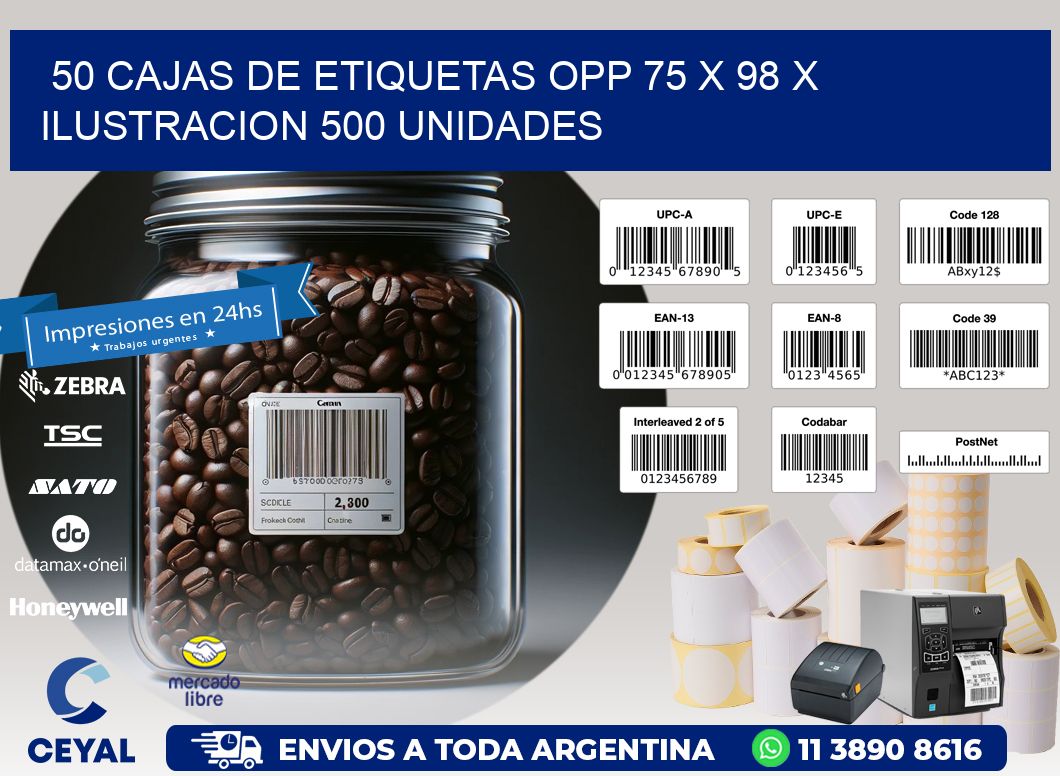 50 CAJAS DE ETIQUETAS OPP 75 x 98 X ILUSTRACION 500 UNIDADES