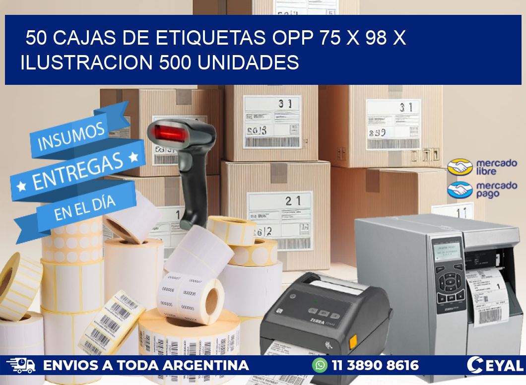 50 CAJAS DE ETIQUETAS OPP 75 x 98 X ILUSTRACION 500 UNIDADES