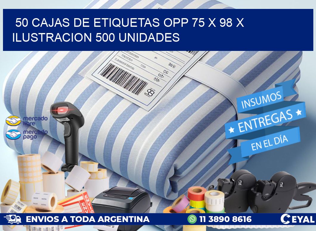 50 CAJAS DE ETIQUETAS OPP 75 x 98 X ILUSTRACION 500 UNIDADES