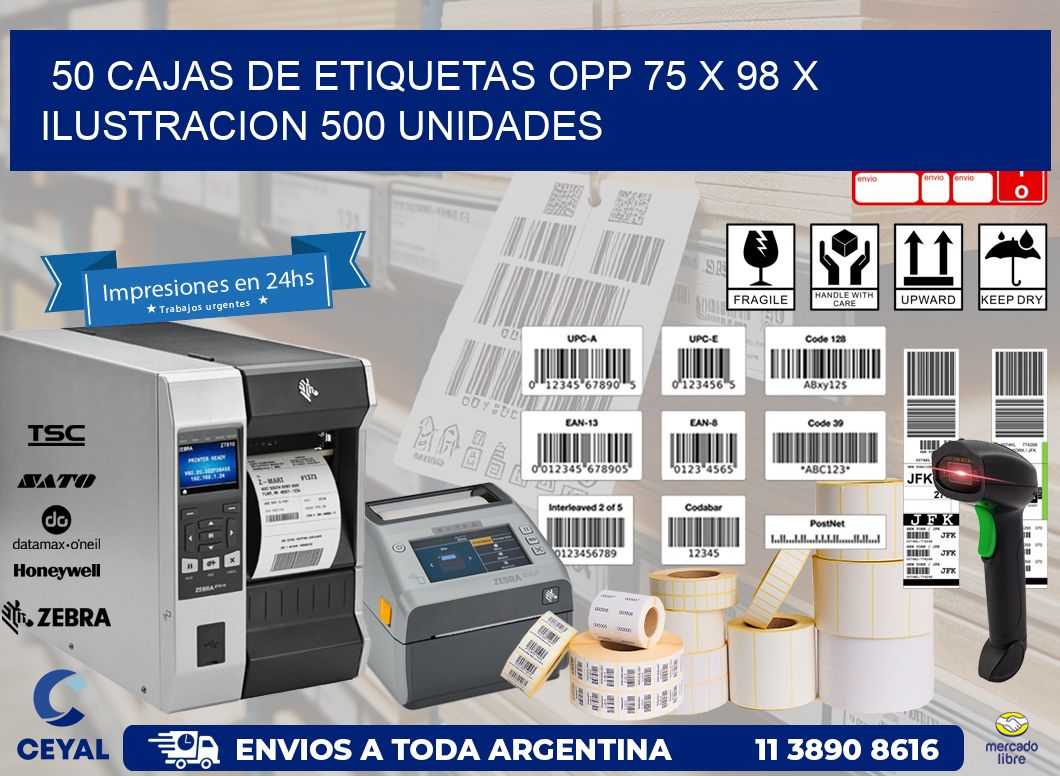 50 CAJAS DE ETIQUETAS OPP 75 x 98 X ILUSTRACION 500 UNIDADES