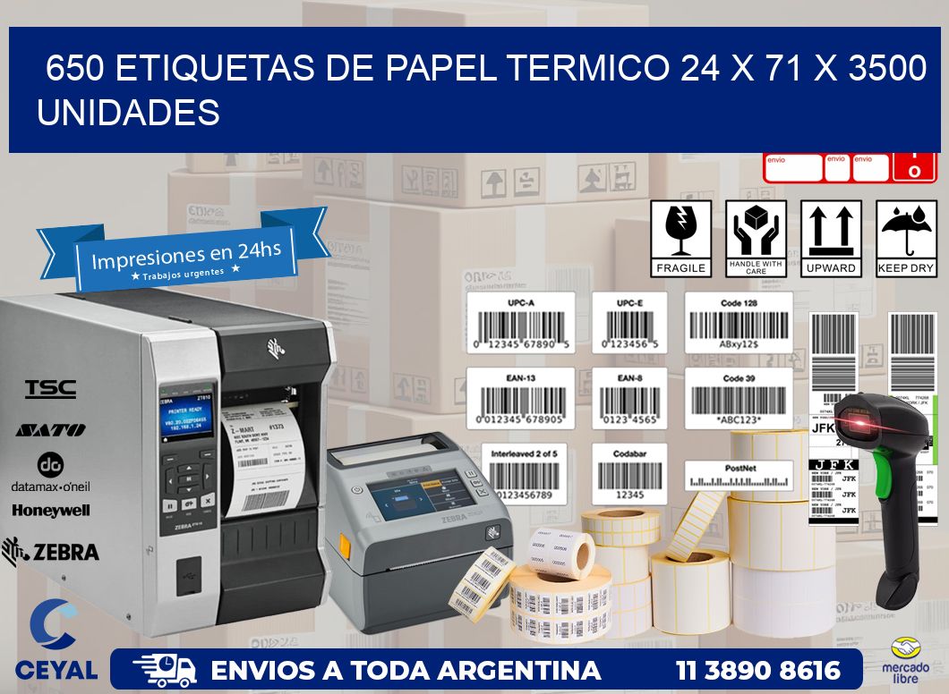 650 ETIQUETAS DE PAPEL TERMICO 24 x 71 X 3500 UNIDADES
