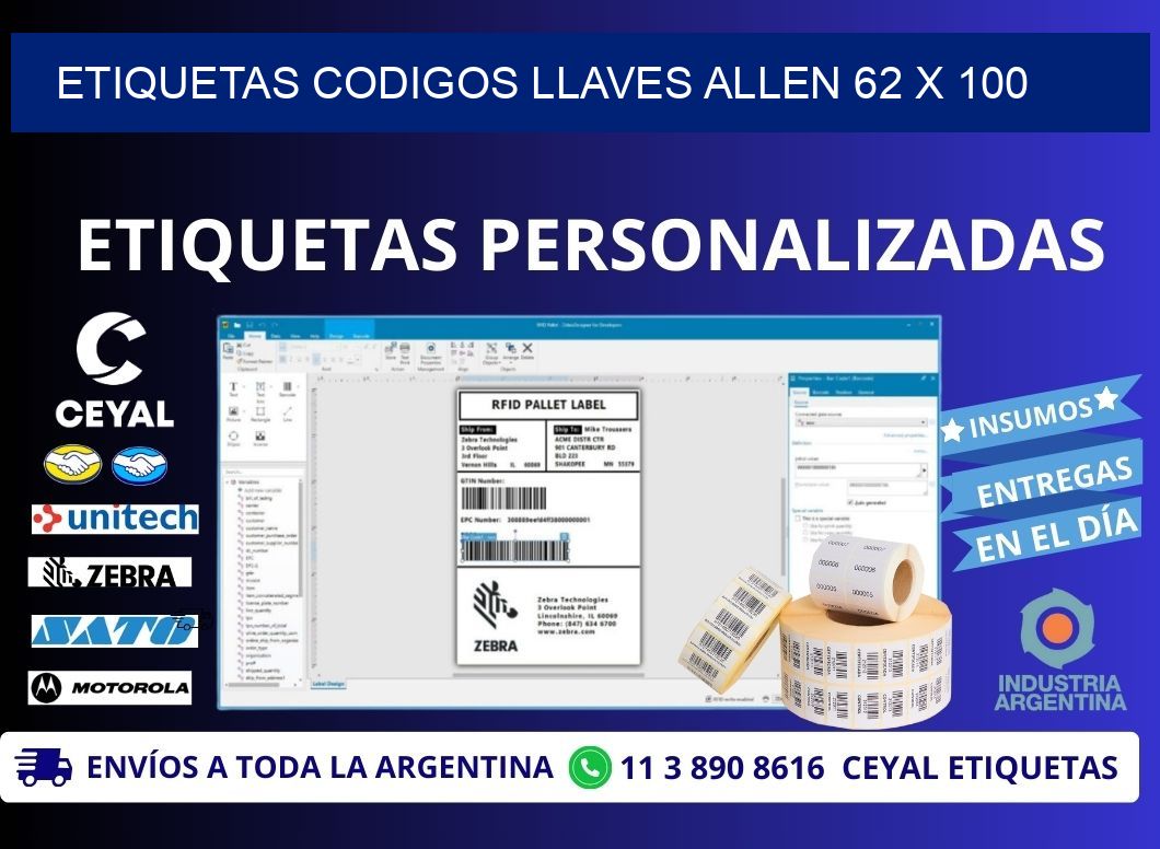 ETIQUETAS CODIGOS LLAVES ALLEN 62 x 100