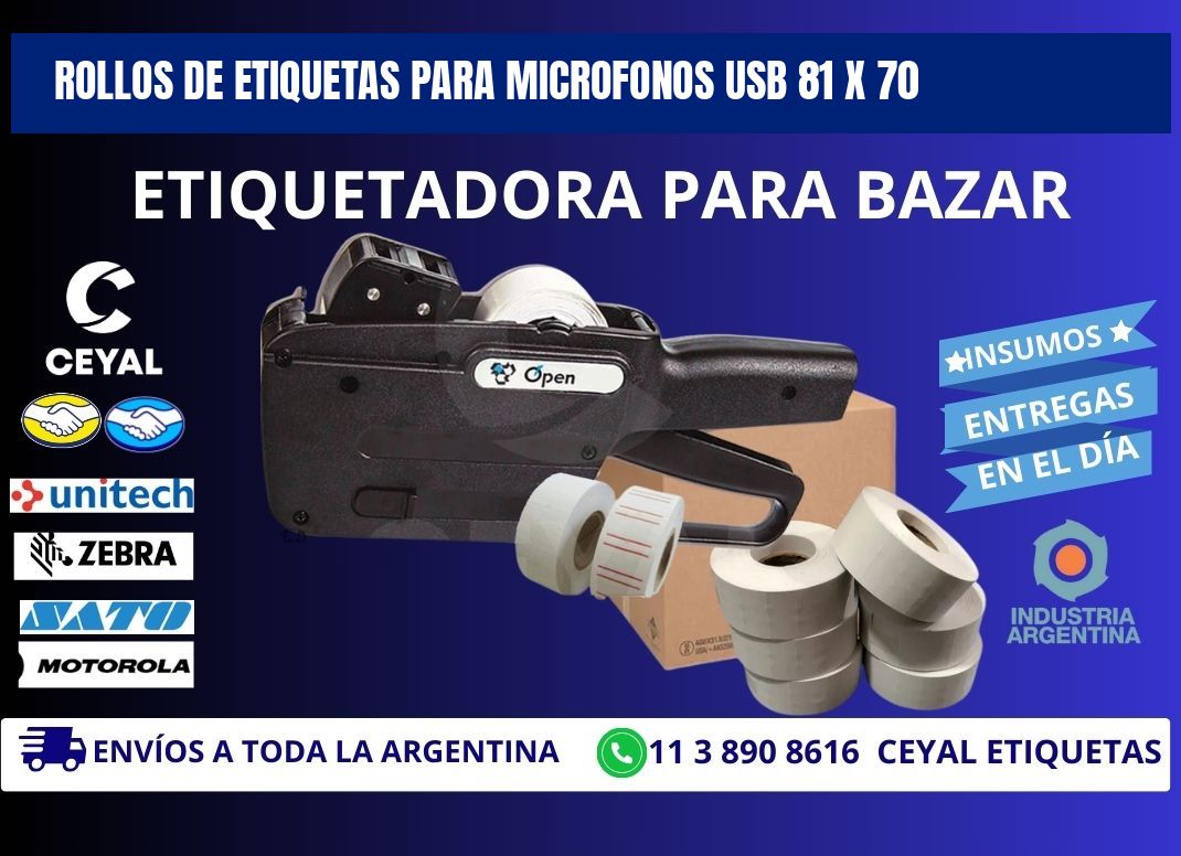 ROLLOS DE ETIQUETAS PARA MICROFONOS USB 81 x 70