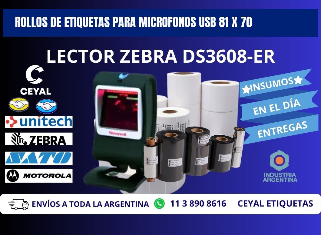 ROLLOS DE ETIQUETAS PARA MICROFONOS USB 81 x 70