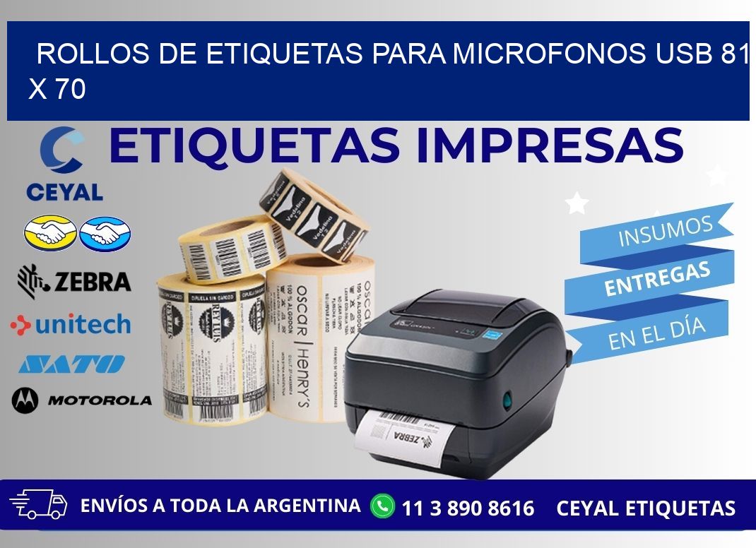 ROLLOS DE ETIQUETAS PARA MICROFONOS USB 81 x 70