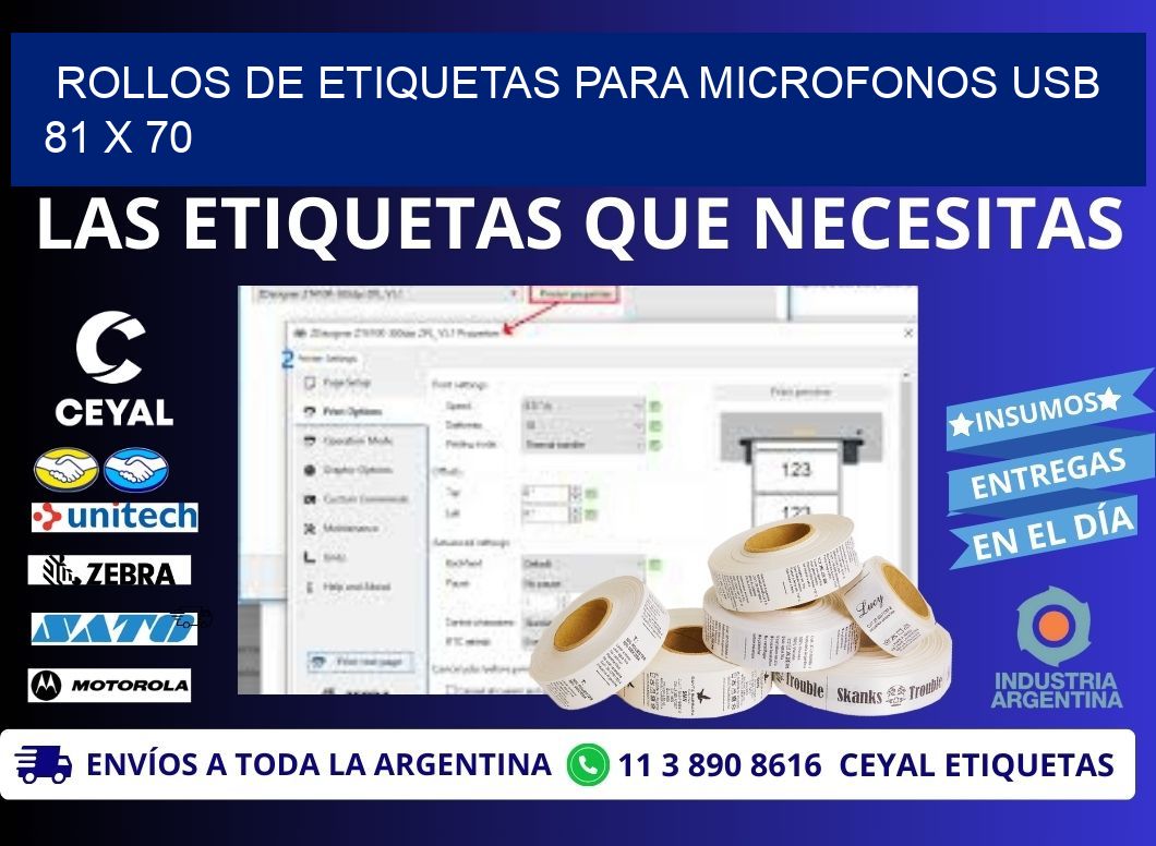 ROLLOS DE ETIQUETAS PARA MICROFONOS USB 81 x 70
