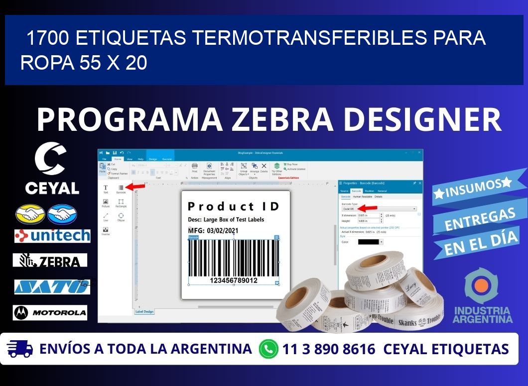 1700 ETIQUETAS TERMOTRANSFERIBLES PARA ROPA 55 x 20