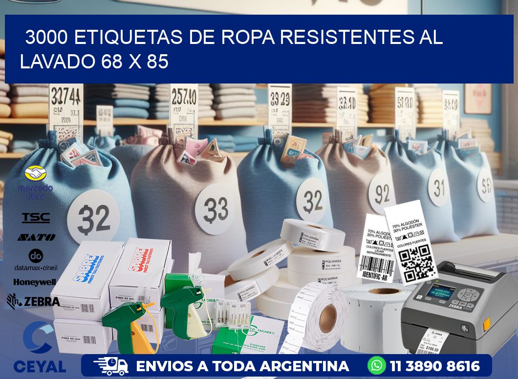 3000 ETIQUETAS DE ROPA RESISTENTES AL LAVADO 68 x 85