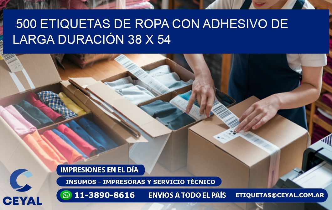 500 ETIQUETAS DE ROPA CON ADHESIVO DE LARGA DURACIÓN 38 x 54