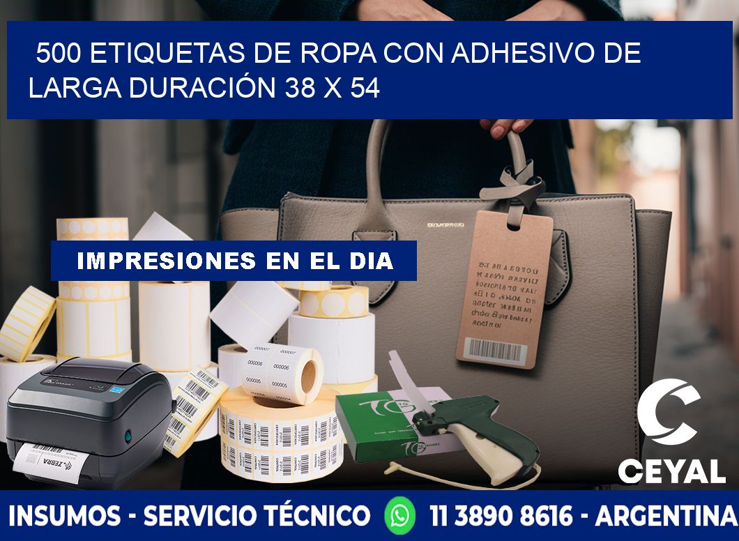 500 ETIQUETAS DE ROPA CON ADHESIVO DE LARGA DURACIÓN 38 x 54