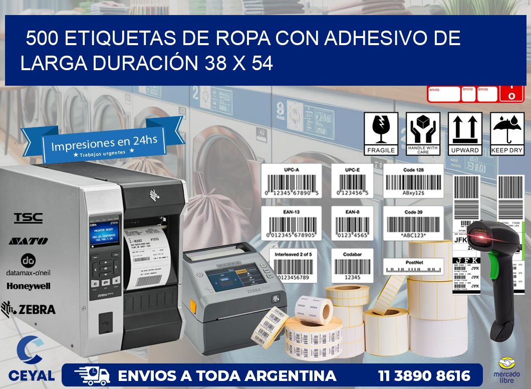 500 ETIQUETAS DE ROPA CON ADHESIVO DE LARGA DURACIÓN 38 x 54