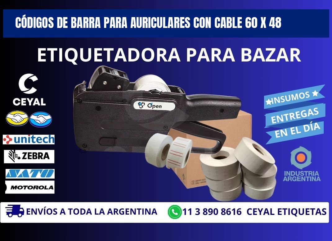 CÓDIGOS DE BARRA PARA AURICULARES CON CABLE 60 x 48