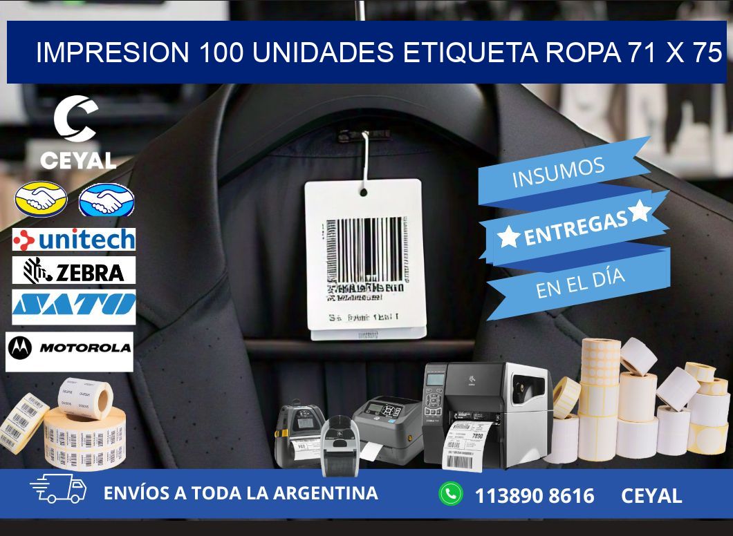 IMPRESION 100 UNIDADES ETIQUETA ROPA 71 x 75