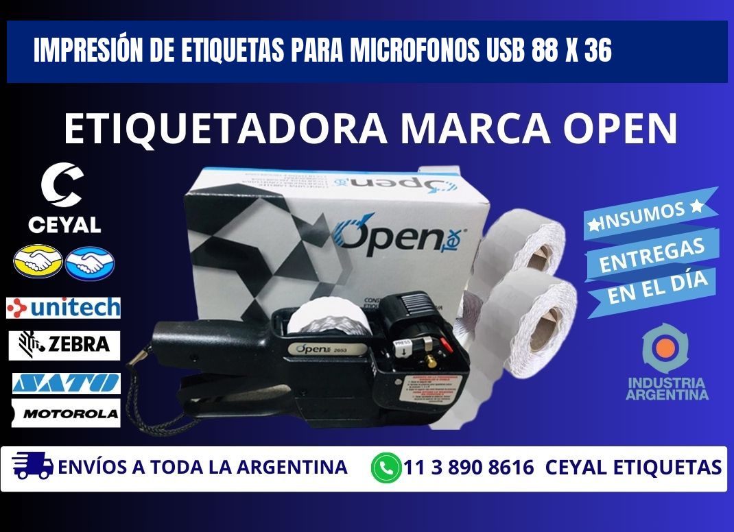 IMPRESIÓN DE ETIQUETAS PARA MICROFONOS USB 88 x 36