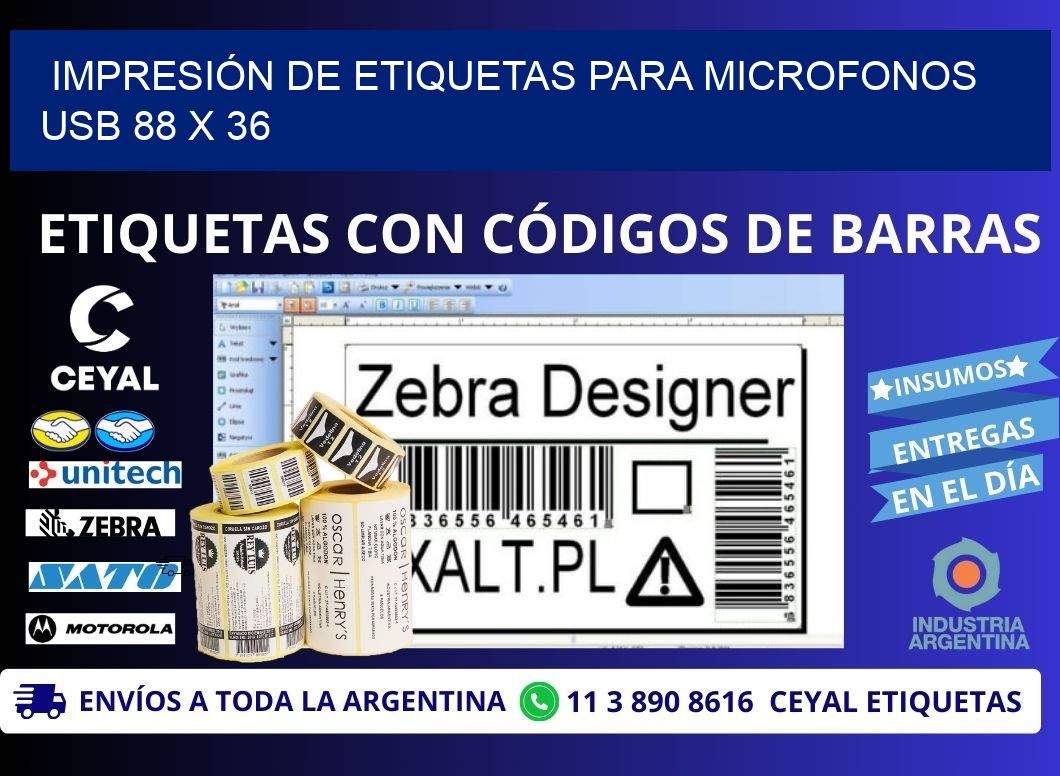 IMPRESIÓN DE ETIQUETAS PARA MICROFONOS USB 88 x 36