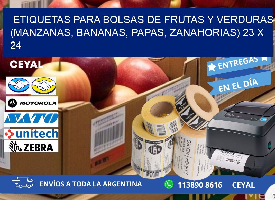 ETIQUETAS PARA BOLSAS DE FRUTAS Y VERDURAS (MANZANAS, BANANAS, PAPAS, ZANAHORIAS) 23 x 24