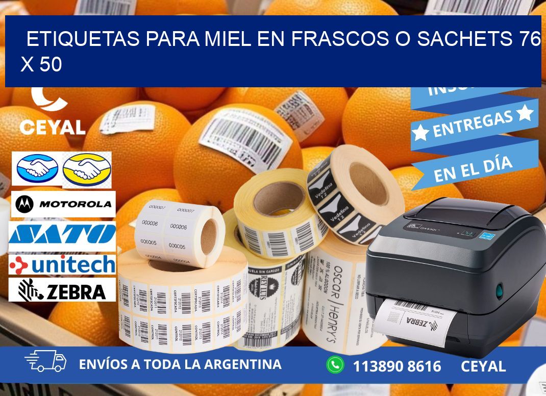 ETIQUETAS PARA MIEL EN FRASCOS O SACHETS 76 x 50