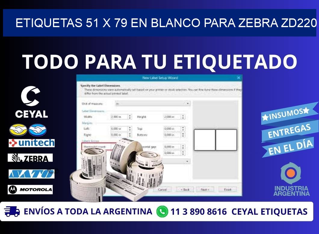 Etiquetas 51 x 79 en blanco para zebra zd220