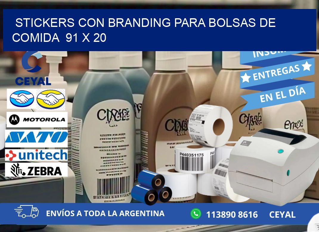 STICKERS CON BRANDING PARA BOLSAS DE COMIDA  91 x 20