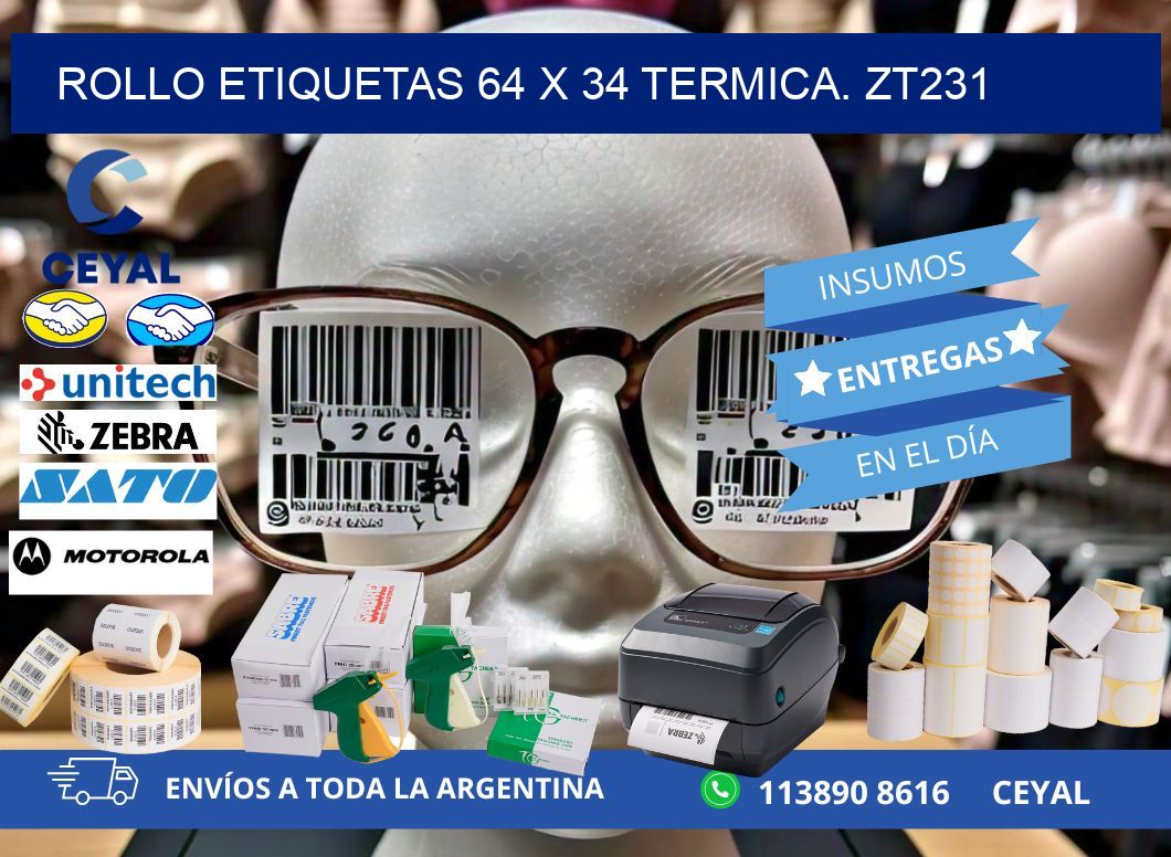 Rollo etiquetas 64 x 34 termica. zt231
