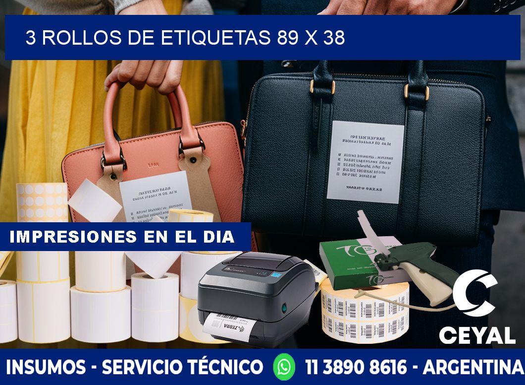 3 ROLLOS DE ETIQUETAS 89 x 38