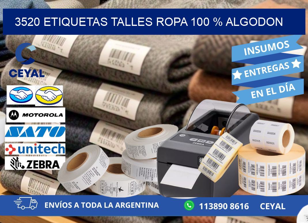 3520 ETIQUETAS TALLES ROPA 100 % ALGODON