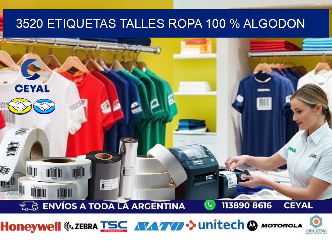 3520 ETIQUETAS TALLES ROPA 100 % ALGODON