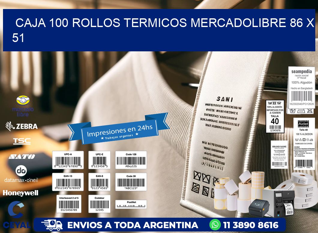 CAJA 100 ROLLOS TERMICOS MERCADOLIBRE 86 x 51