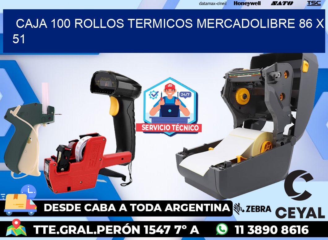 CAJA 100 ROLLOS TERMICOS MERCADOLIBRE 86 x 51